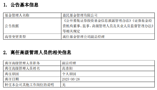 亿正策略 益民基金再现高管变动 副总经理高喜阳任职7个月离任